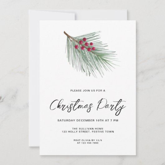 Modernes Script Winter Berries Pine Christmas Part Einladung (Vorderseite)