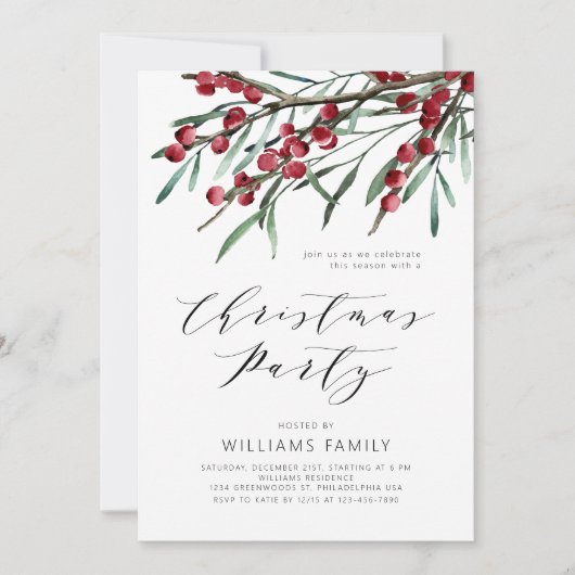 Modernes Script Winter Berries Weihnachts-Party Einladung (Vorderseite)