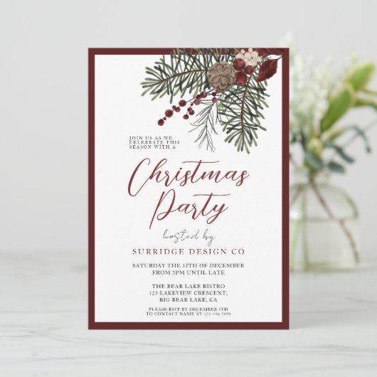 Modernes Script Winter Berries Weihnachts-Party Einladung (Stehend Vorderseite)