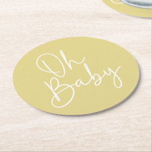 Modernes Script Yellow Oh Baby Simple Baby Dusche Runder Pappuntersetzer