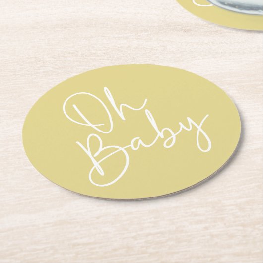 Modernes Script Yellow Oh Baby Simple Baby Dusche Runder Pappuntersetzer (Angewinkelt)