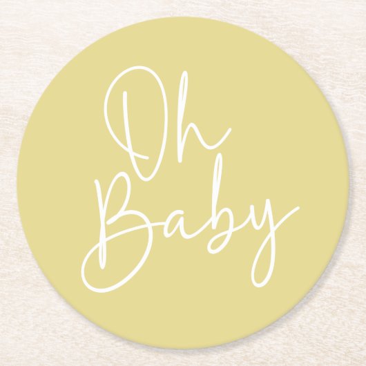 Modernes Script Yellow Oh Baby Simple Baby Dusche Runder Pappuntersetzer (Vorderseite)