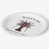 Modernes Seafeufel-Begrüßungslogo Lobster Restaura Pappteller (Schrägansicht)