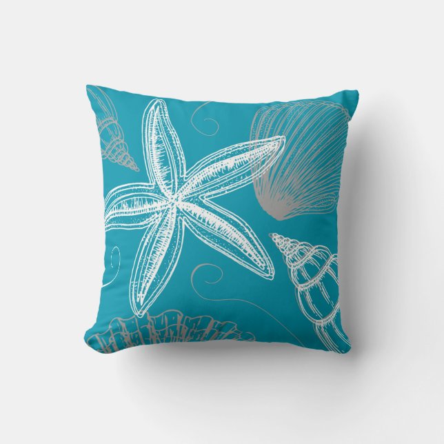 Modernes Seashell Beach House Aqua Blue Starfish Kissen (Vorderseite)