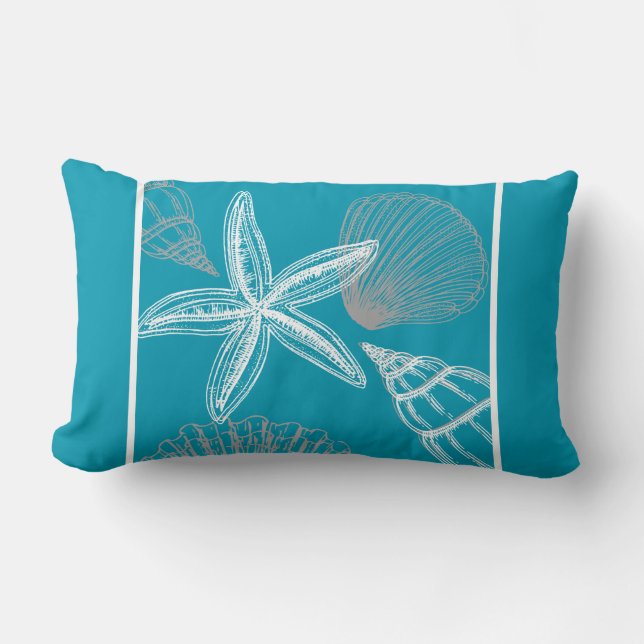 Modernes Seashell Beach House Aqua Blue Starfish Lendenkissen (Vorderseite)