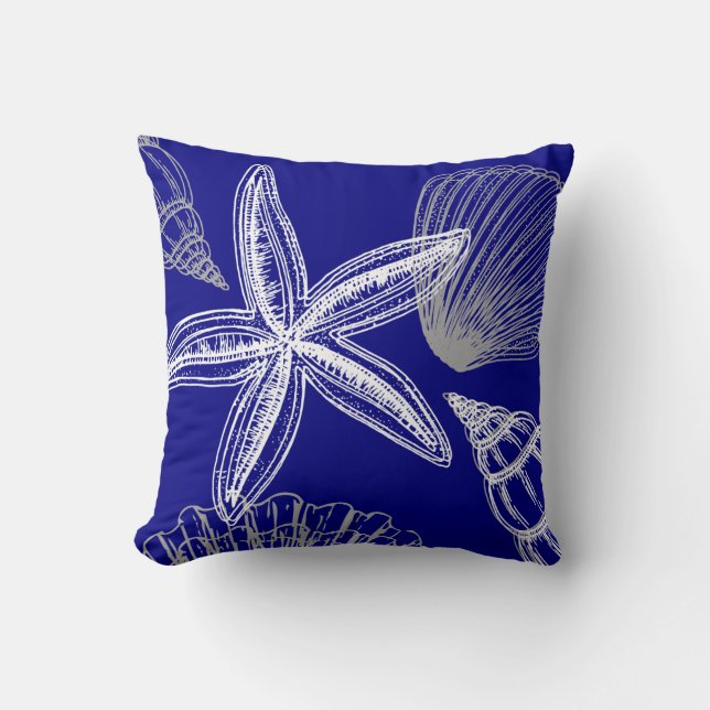 Modernes Seashell Beach House Blue White Starfish Kissen (Vorderseite)