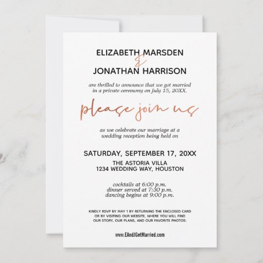 Modernes Sepia Foto Just Married Empfang Einladung (Rückseite)