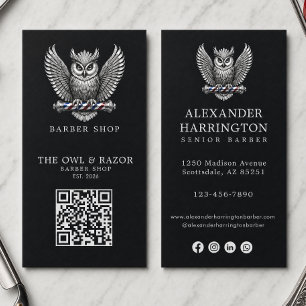 Modernes Silber-Eulen-Friseursalon-Logo Qr Code Visitenkarte