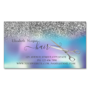 Modernes Silber Glitter, Holografisch, Schere Haar Magnetische Visitenkarte