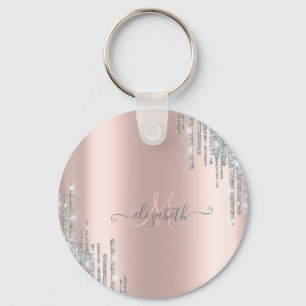 Modernes Silber-Glitter-Tropfen-Roségold-Monogramm Schlüsselanhänger