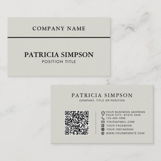 Modernes Silber-Grau QR-Code Professionell Minimal Visitenkarte (Vorne/Hinten)