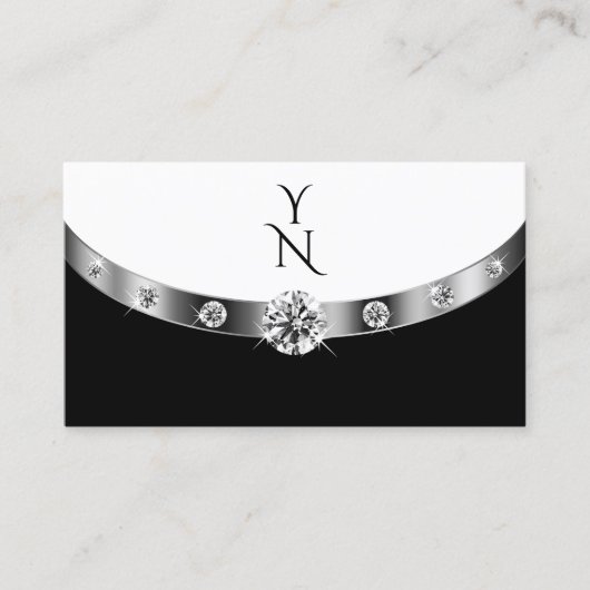 Modernes Silber Schwarz-weiß mit Monogram Diamonds Visitenkarte (Vorderseite)