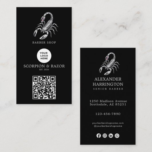 Modernes Silber Skorpion-Barbier-Shop-Logo Qr Code Visitenkarte (Vorne/Hinten)