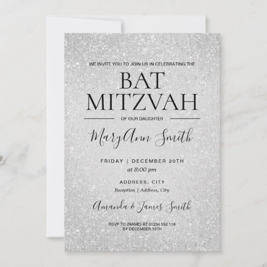 Modernes Silberbat Mitzvah Imitat Glitzer Paint Einladung (Vorderseite)