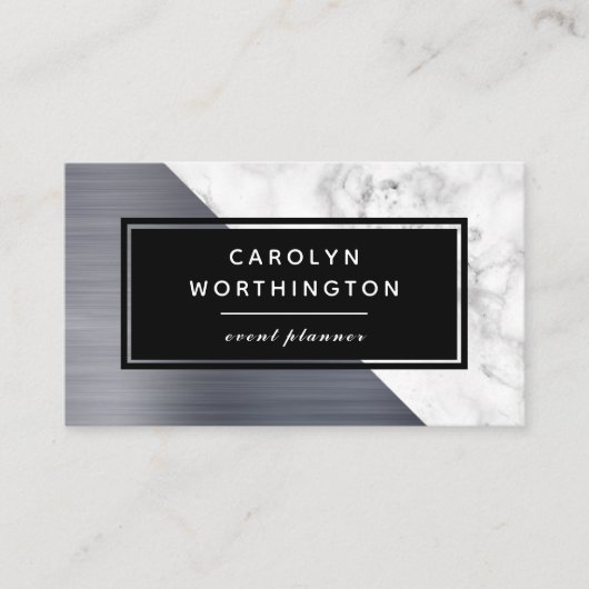 Modernes silberfarbenes Foil mit weißem Marmor Sch Visitenkarte (Vorderseite)