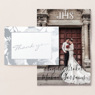 Modernes Silberlemons & Foliage Wedding Foto Real Folienkarte