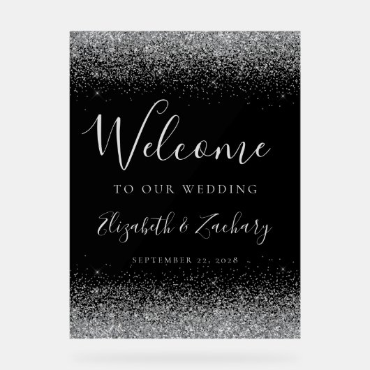 Modernes Silberner Glitzer Schwarze Hochzeit Willk Acrylschild (Vorderseite)