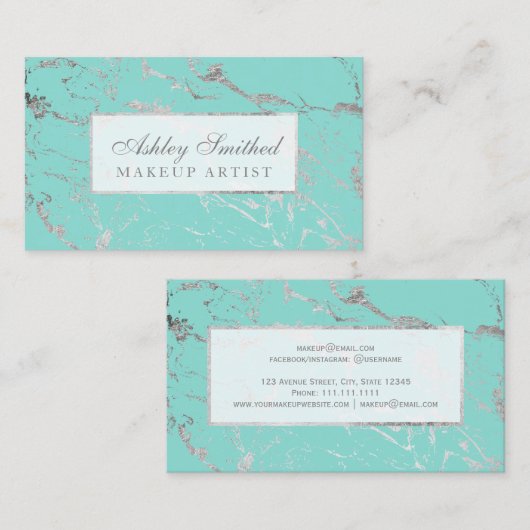 Modernes silbernes aquamarines Marmorchicmake-up Visitenkarte (Vorne/Hinten)
