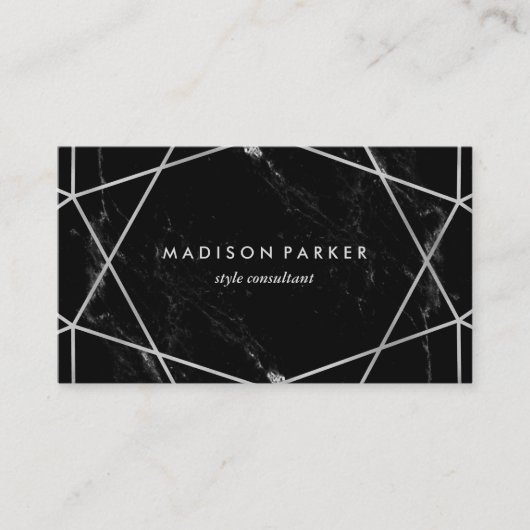 Modernes silbernes geometrisches auf schwarzem visitenkarte (Vorderseite)