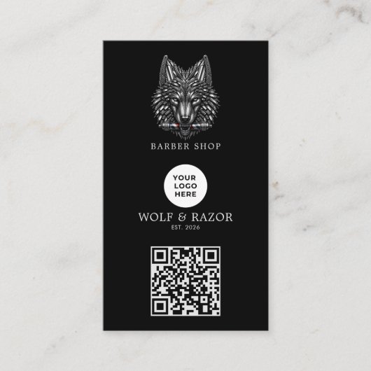 Modernes Silberwolf-Friseursalon-Logo Qr Code Visitenkarte (Vorderseite)