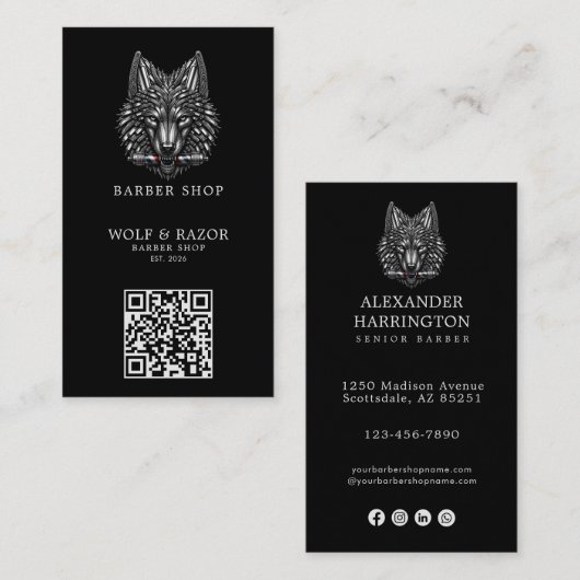 Modernes Silberwolf-Friseursalon-Logo Qr Code Visitenkarte (Vorne/Hinten)