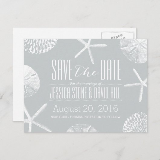 Modernes Silver Beach Theme - Save the Date Ankündigungspostkarte (Vorne/Hinten)
