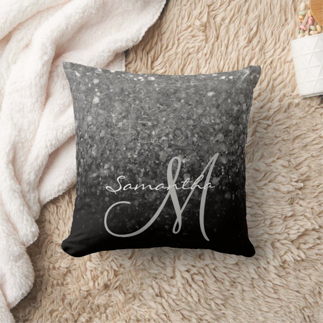 Modernes Silver & Black Glitzer Ombre Monogram Kissen (Decke)