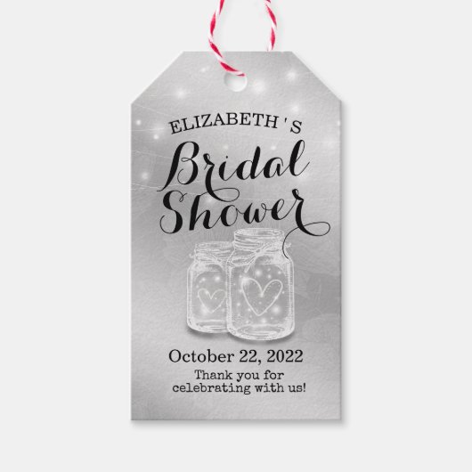 Modernes Silver Brautparty Mason Jar String Light Geschenkanhänger (Vorderseite)