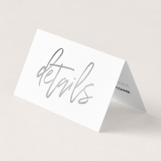 Modernes Silver Foil Script mit Foto Detail Card Visitenkarten (Vorderseite)