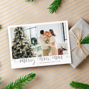 Modernes Silver Frohe Weihnachts-Herz-Script-Foto Feiertagskarte