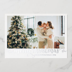 Modernes Silver Frohe Weihnachts-Herz-Script-Foto Folien Feiertagskarte