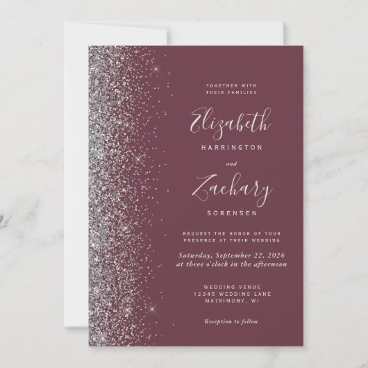 Modernes Silver Glitzer Burgund QR Code Wedding Einladung (Vorderseite)