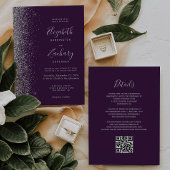 Modernes Silver Glitzer Dunkler Lila QR Code Hochz Einladung