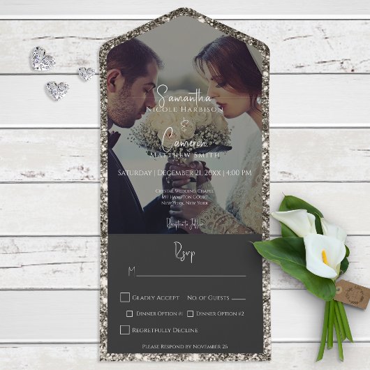 Modernes Silver Glitzer Foto Dinner All In One Einladung