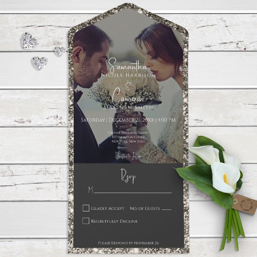 Modernes Silver Glitzer Foto Kein Abendessen All In One Einladung