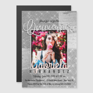 Modernes Silver Glitzer Foto Quinceañera Magneteinladung