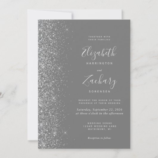 Modernes Silver Glitzer Gray QR Code Hochzeit Einladung (Vorderseite)