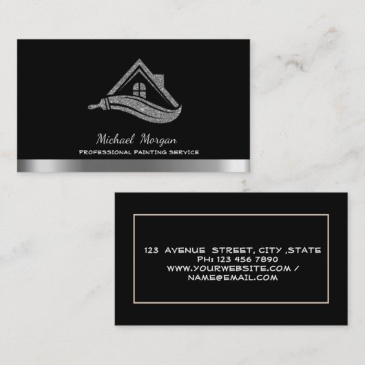 Modernes Silver Glitzer House Roof Brush Black Visitenkarte (Vorne/Hinten)