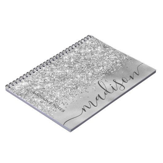 Modernes Silver Glitzer Metallic Monogram Script Notizblock (Linke Seite)