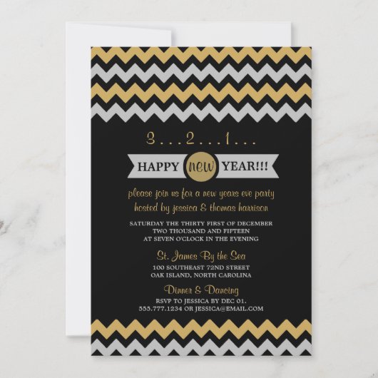Modernes Silver & Gold Zickzack Silvester Party Einladung (Vorderseite)