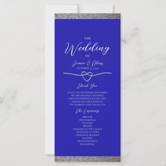 Modernes Silver Royal Blue Wedding Programm (Vorderseite)