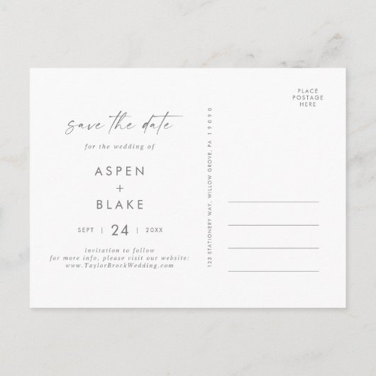 Modernes Silver Script 3 Foto Save the Date Einladungspostkarte (Rückseite)
