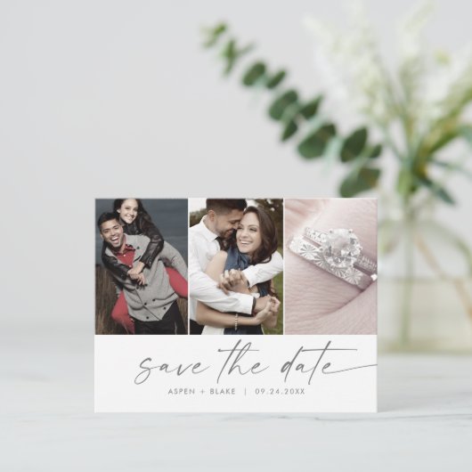 Modernes Silver Script 3 Foto Save the Date Einladungspostkarte (Stehend Vorderseite)