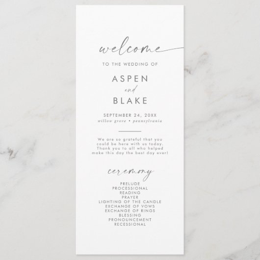 Modernes Silver Script-Hochzeitsprogramm Programm (Vorderseite)