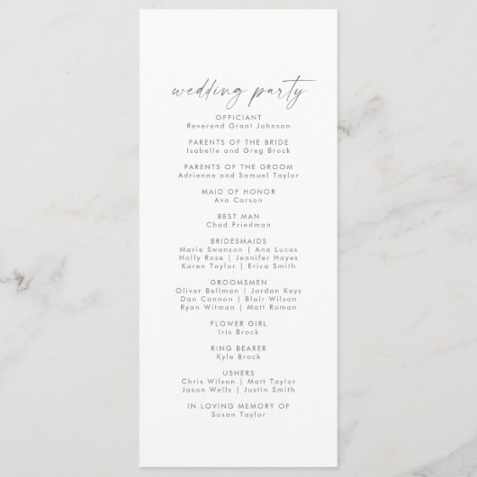 Modernes Silver Script-Hochzeitsprogramm Programm (Rückseite)