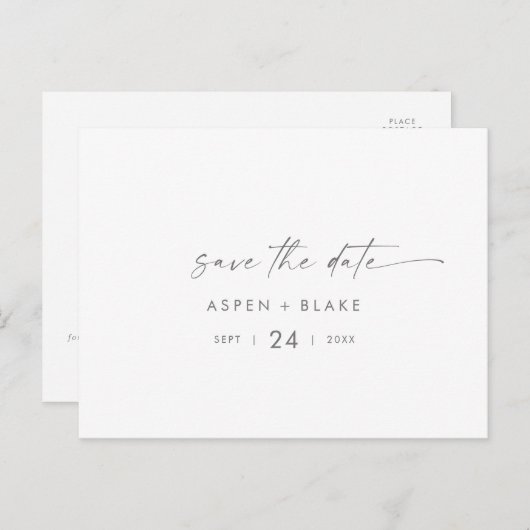 Modernes Silver Script Save the Date horizontal Einladungspostkarte (Vorne/Hinten)