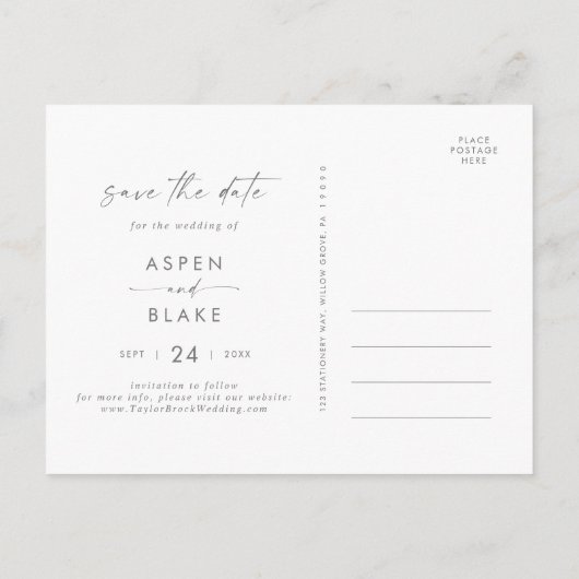 Modernes Silver Script Save the Date horizontal Einladungspostkarte (Rückseite)