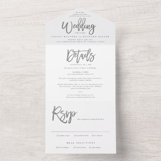 Modernes Silver Script Wedding RSVP All In One Einladung (Innen Boden)