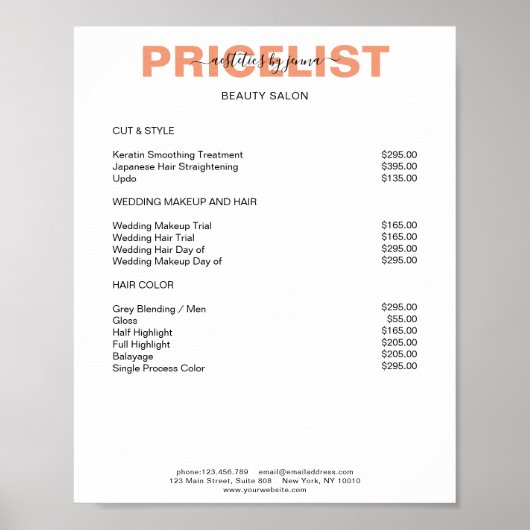 Modernes Simpel Preislisten Poster (Vorne)