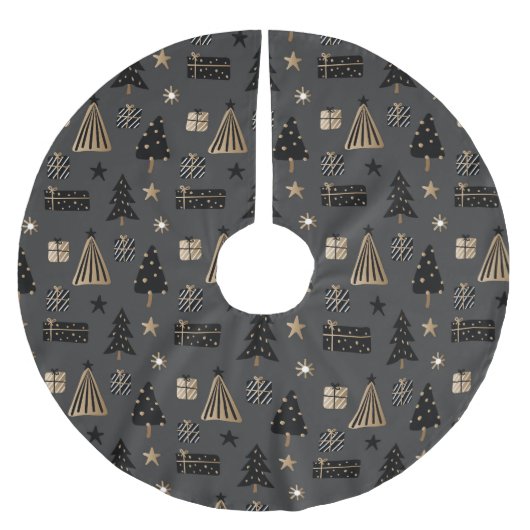 Modernes skandinavisches Weihnachtsmuster Schwarze Polyester Weihnachtsbaumdecke (Vorderseite)